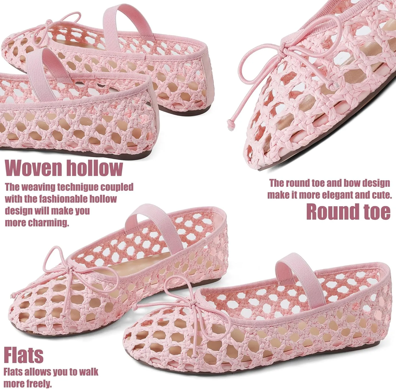 AMINUGAL Raffia Ballet Flats Shoes for Women Dressy Comfortable Woven Straw Women's Flats with Elastic Strap Mesh Flats Bows Raffia Mary Jane Flats Women Ballerina Flats for Women