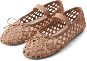 AMINUGAL Raffia Ballet Flats Shoes for Women Dressy Comfortable Woven Straw Women's Flats with Elastic Strap Mesh Flats Bows Raffia Mary Jane Flats Women Ballerina Flats for Women