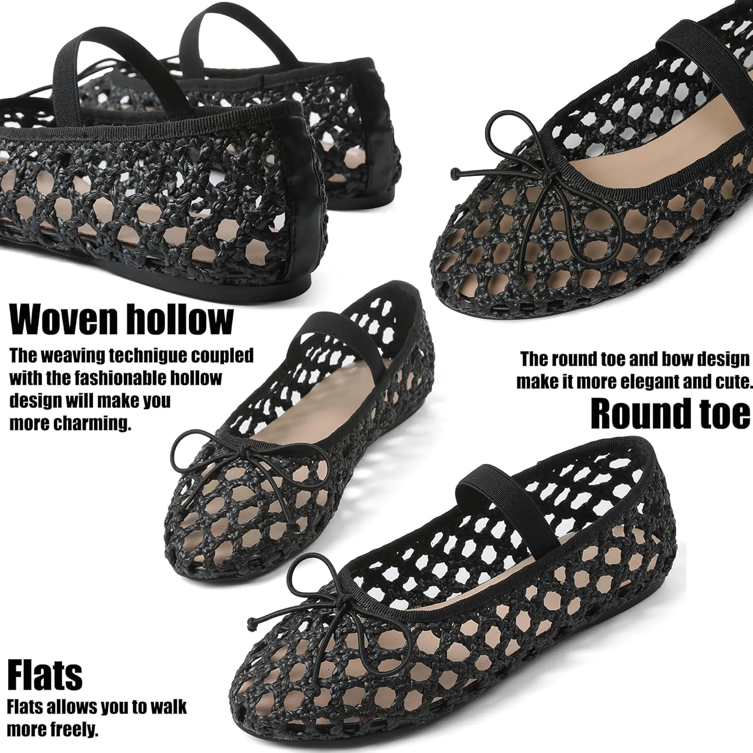AMINUGAL Raffia Ballet Flats Shoes for Women Dressy Comfortable Woven Straw Women's Flats with Elastic Strap Mesh Flats Bows Raffia Mary Jane Flats Women Ballerina Flats for Women
