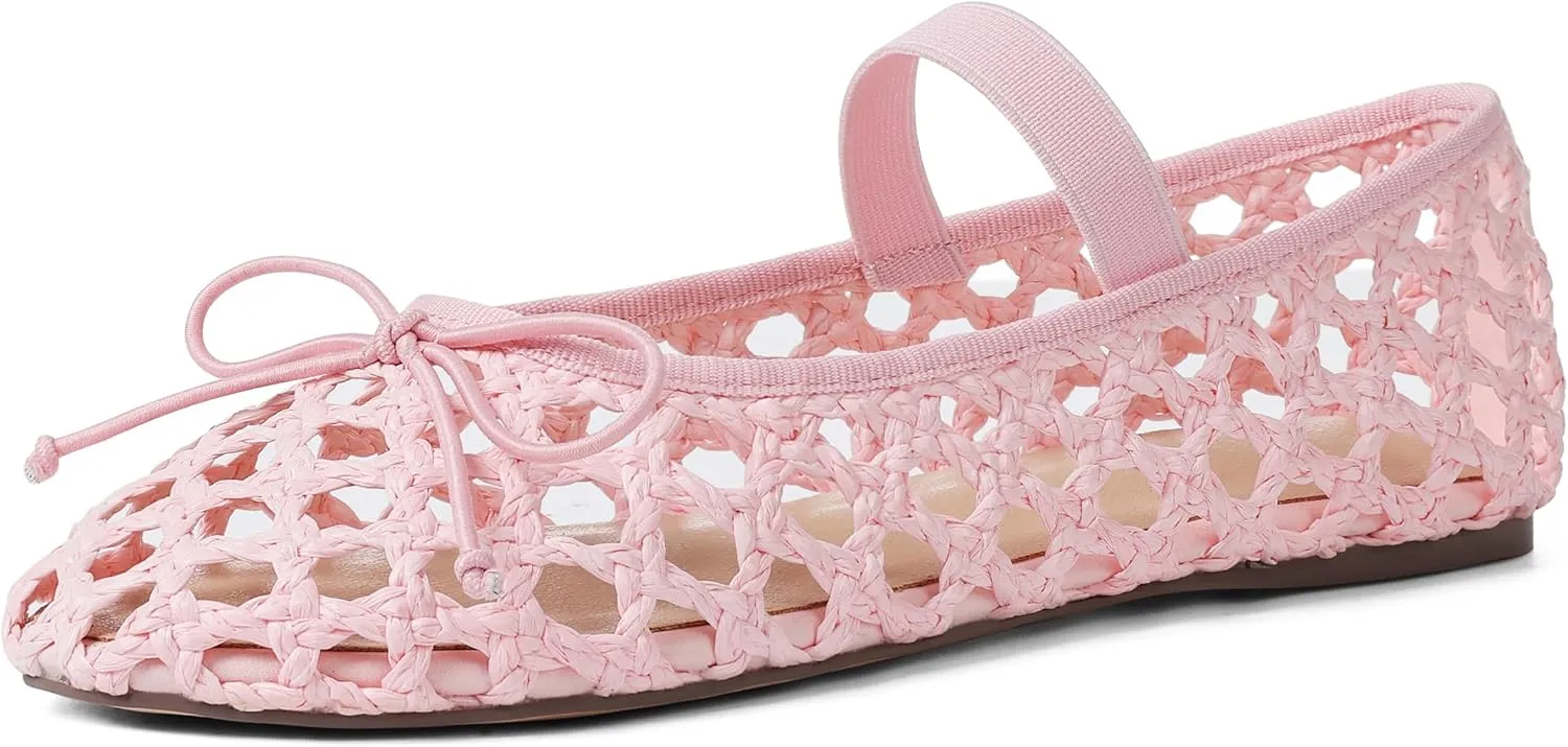AMINUGAL Raffia Ballet Flats Shoes for Women Dressy Comfortable Woven Straw Women's Flats with Elastic Strap Mesh Flats Bows Raffia Mary Jane Flats Women Ballerina Flats for Women