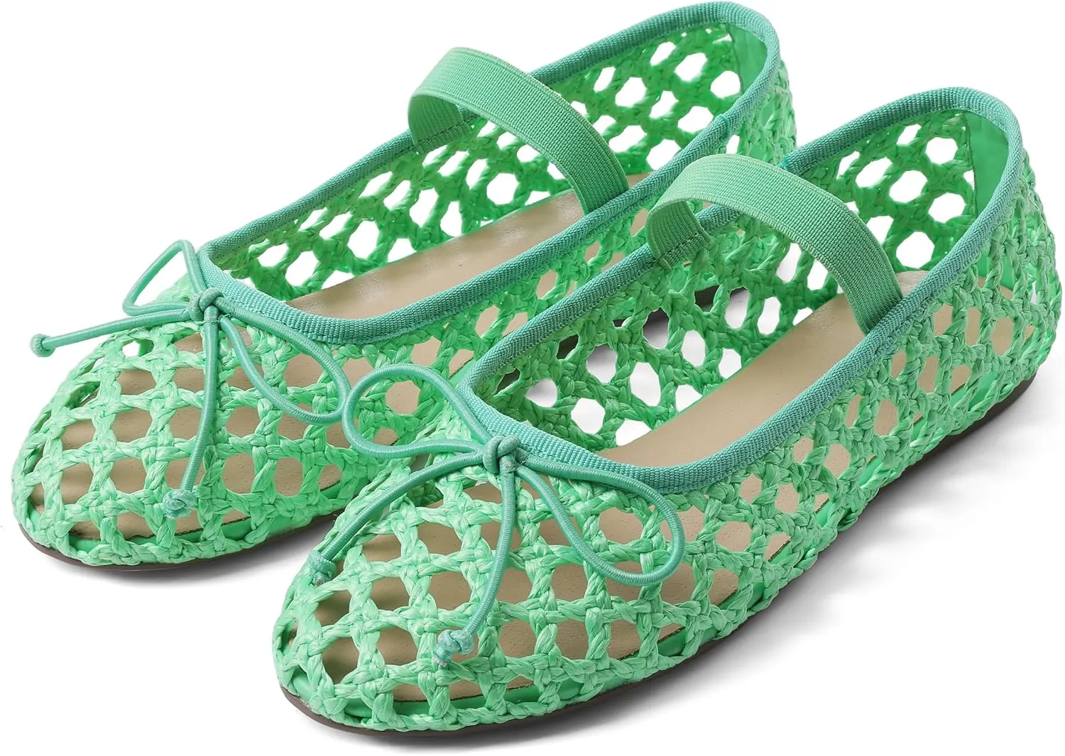 AMINUGAL Raffia Ballet Flats Shoes for Women Dressy Comfortable Woven Straw Women's Flats with Elastic Strap Mesh Flats Bows Raffia Mary Jane Flats Women Ballerina Flats for Women