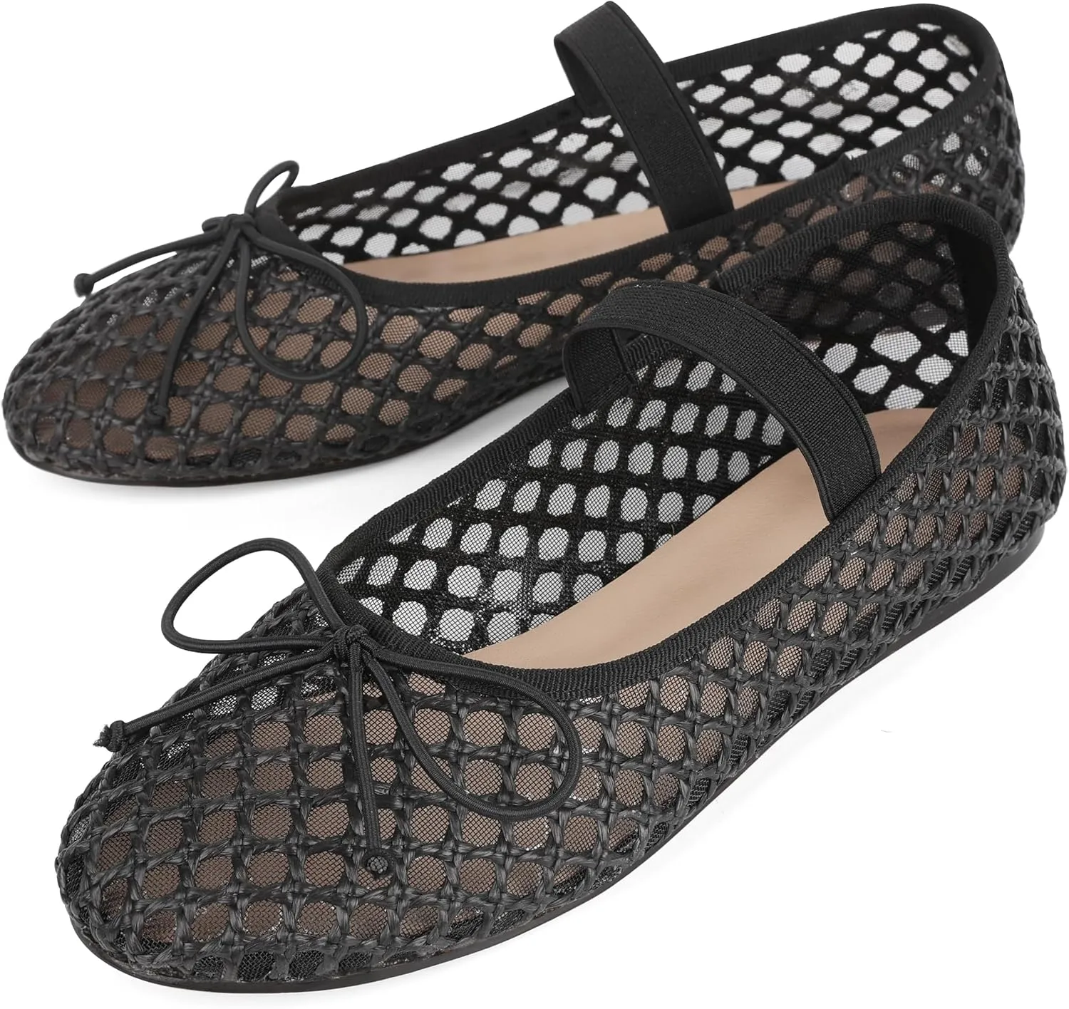 AMINUGAL Raffia Ballet Flats Shoes for Women Dressy Comfortable Woven Straw Women's Flats with Elastic Strap Mesh Flats Bows Raffia Mary Jane Flats Women Ballerina Flats for Women