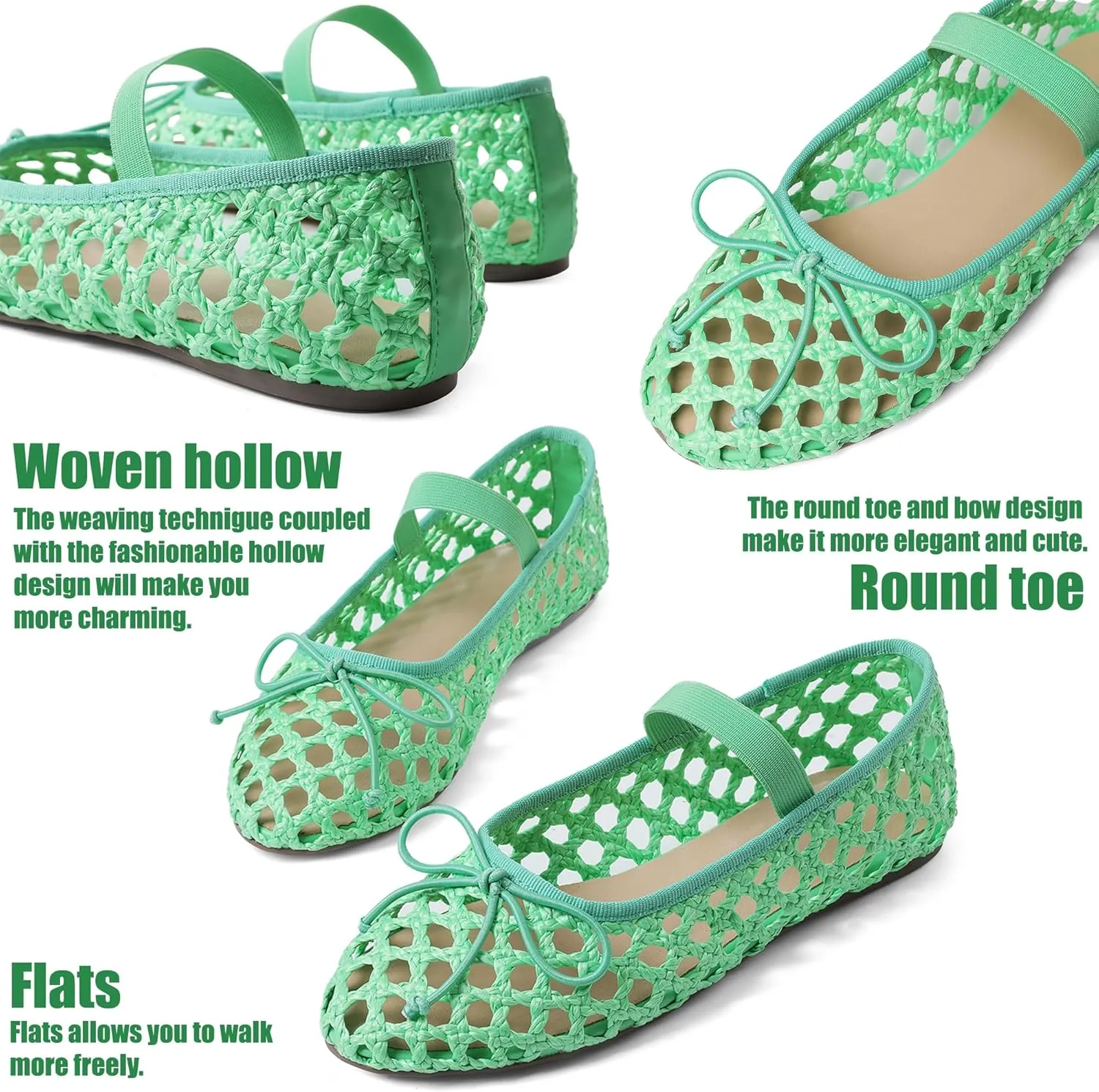 AMINUGAL Raffia Ballet Flats Shoes for Women Dressy Comfortable Woven Straw Women's Flats with Elastic Strap Mesh Flats Bows Raffia Mary Jane Flats Women Ballerina Flats for Women