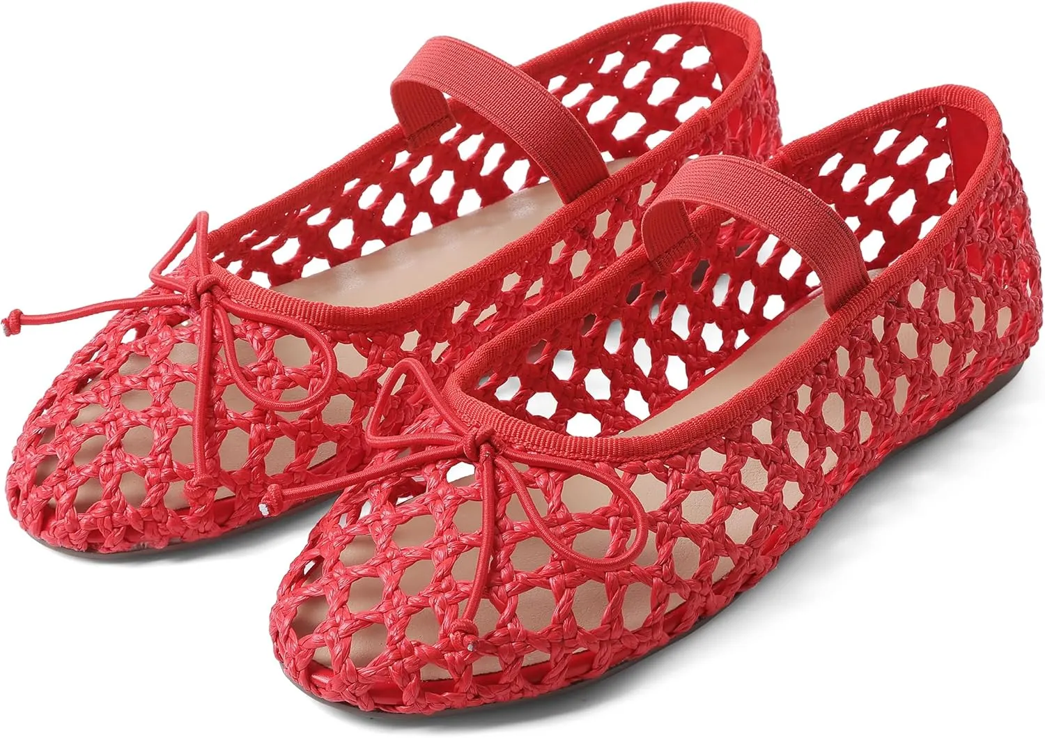 AMINUGAL Raffia Ballet Flats Shoes for Women Dressy Comfortable Woven Straw Women's Flats with Elastic Strap Mesh Flats Bows Raffia Mary Jane Flats Women Ballerina Flats for Women