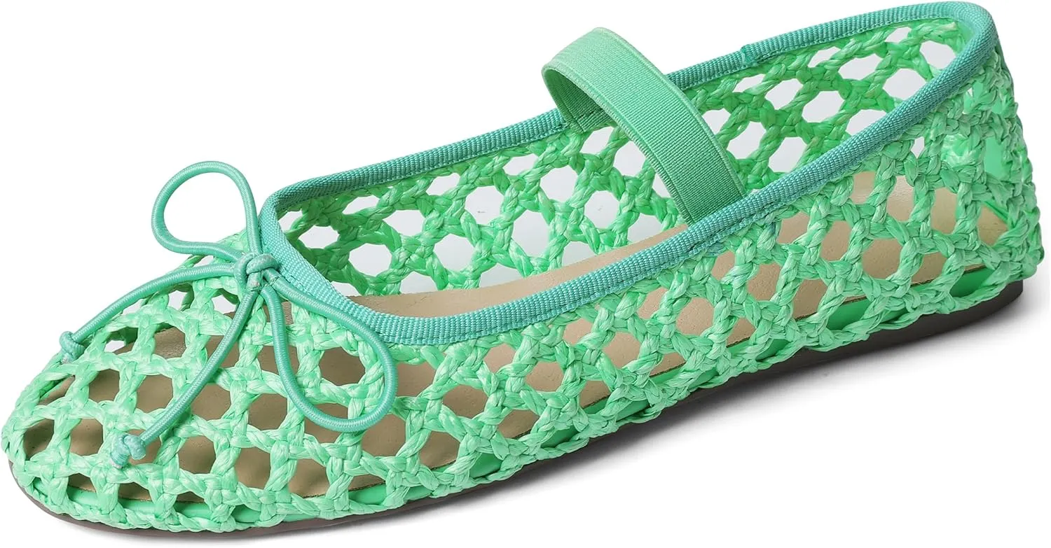 AMINUGAL Raffia Ballet Flats Shoes for Women Dressy Comfortable Woven Straw Women's Flats with Elastic Strap Mesh Flats Bows Raffia Mary Jane Flats Women Ballerina Flats for Women