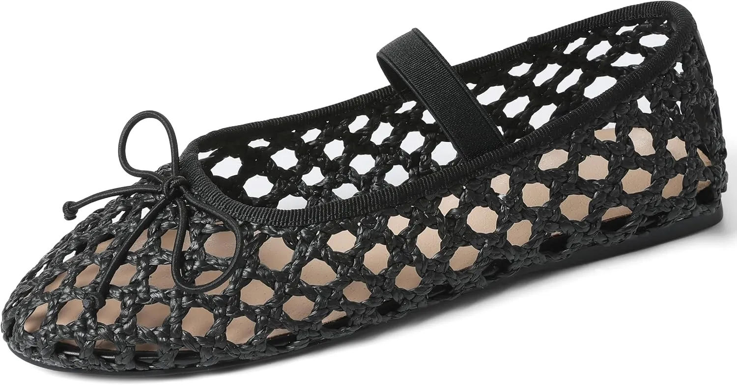 AMINUGAL Raffia Ballet Flats Shoes for Women Dressy Comfortable Woven Straw Women's Flats with Elastic Strap Mesh Flats Bows Raffia Mary Jane Flats Women Ballerina Flats for Women