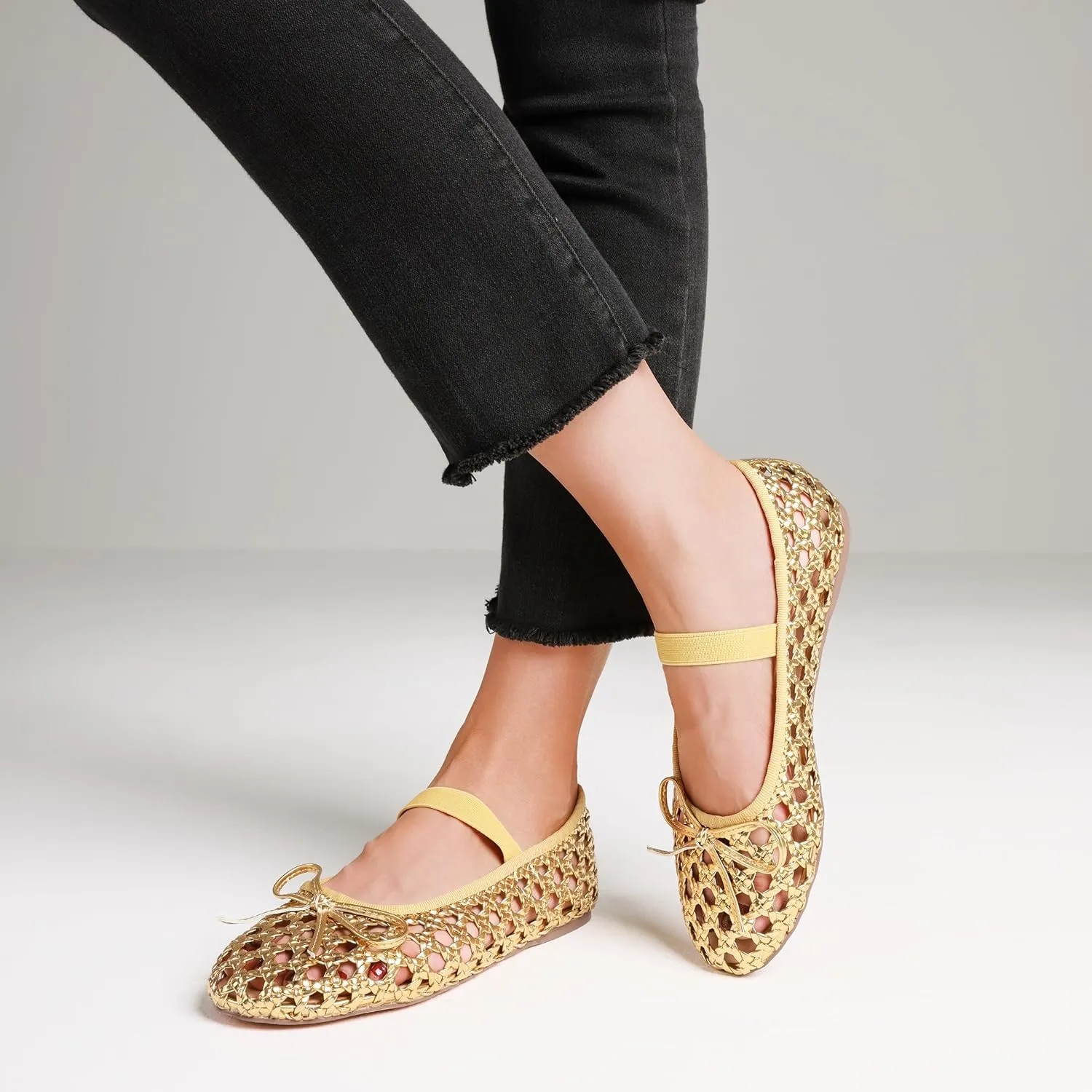AMINUGAL Raffia Ballet Flats Shoes for Women Dressy Comfortable Woven Straw Women's Flats with Elastic Strap Mesh Flats Bows Raffia Mary Jane Flats Women Ballerina Flats for Women