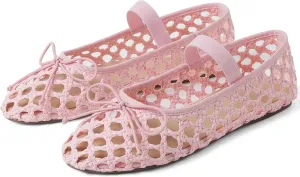 AMINUGAL Raffia Ballet Flats Shoes for Women Dressy Comfortable Woven Straw Women's Flats with Elastic Strap Mesh Flats Bows Raffia Mary Jane Flats Women Ballerina Flats for Women