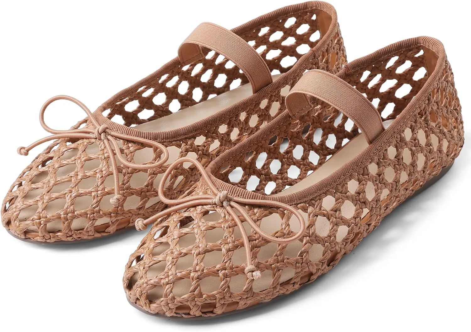 AMINUGAL Raffia Ballet Flats Shoes for Women Dressy Comfortable Woven Straw Women's Flats with Elastic Strap Mesh Flats Bows Raffia Mary Jane Flats Women Ballerina Flats for Women