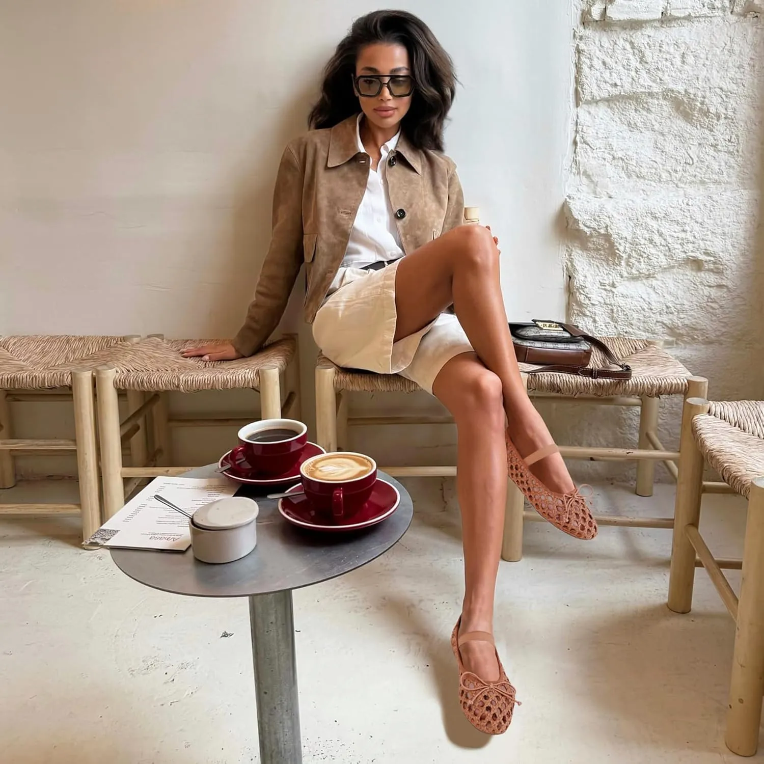 AMINUGAL Raffia Ballet Flats Shoes for Women Dressy Comfortable Woven Straw Women's Flats with Elastic Strap Mesh Flats Bows Raffia Mary Jane Flats Women Ballerina Flats for Women