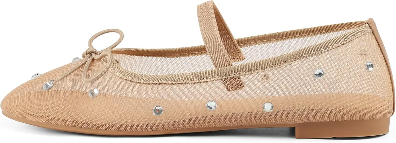 AMINUGAL Raffia Ballet Flats Shoes for Women Dressy Comfortable Woven Straw Women's Flats with Elastic Strap Mesh Flats Bows Raffia Mary Jane Flats Women Ballerina Flats for Women
