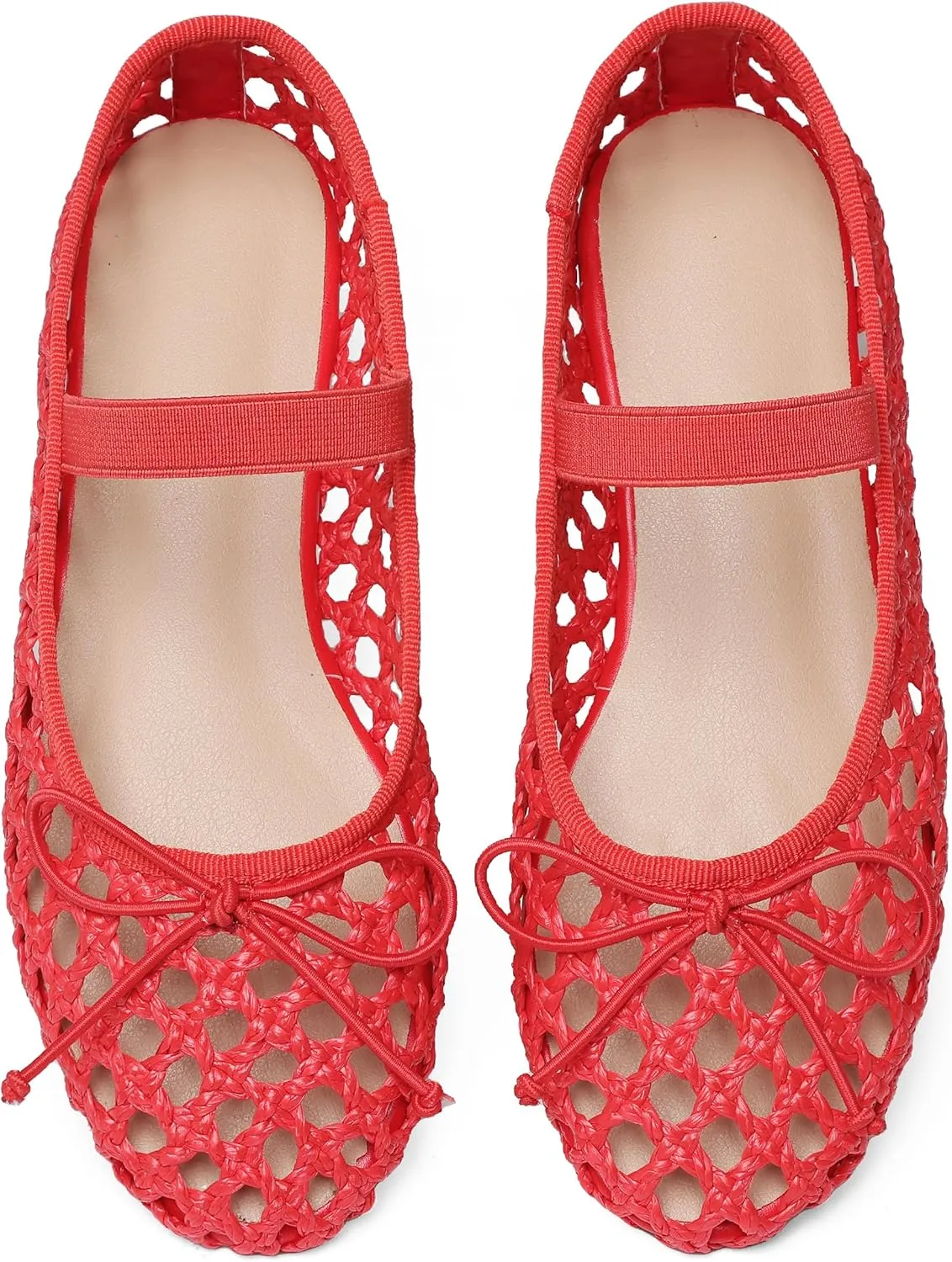 AMINUGAL Raffia Ballet Flats Shoes for Women Dressy Comfortable Woven Straw Women's Flats with Elastic Strap Mesh Flats Bows Raffia Mary Jane Flats Women Ballerina Flats for Women