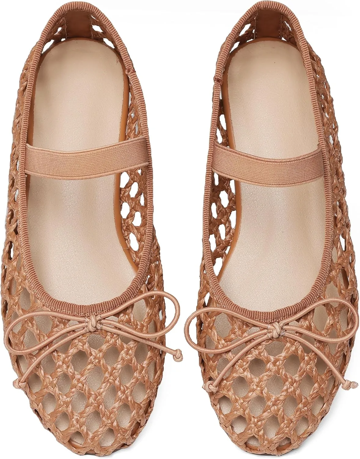AMINUGAL Raffia Ballet Flats Shoes for Women Dressy Comfortable Woven Straw Women's Flats with Elastic Strap Mesh Flats Bows Raffia Mary Jane Flats Women Ballerina Flats for Women