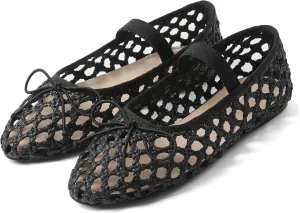 AMINUGAL Raffia Ballet Flats Shoes for Women Dressy Comfortable Woven Straw Women's Flats with Elastic Strap Mesh Flats Bows Raffia Mary Jane Flats Women Ballerina Flats for Women