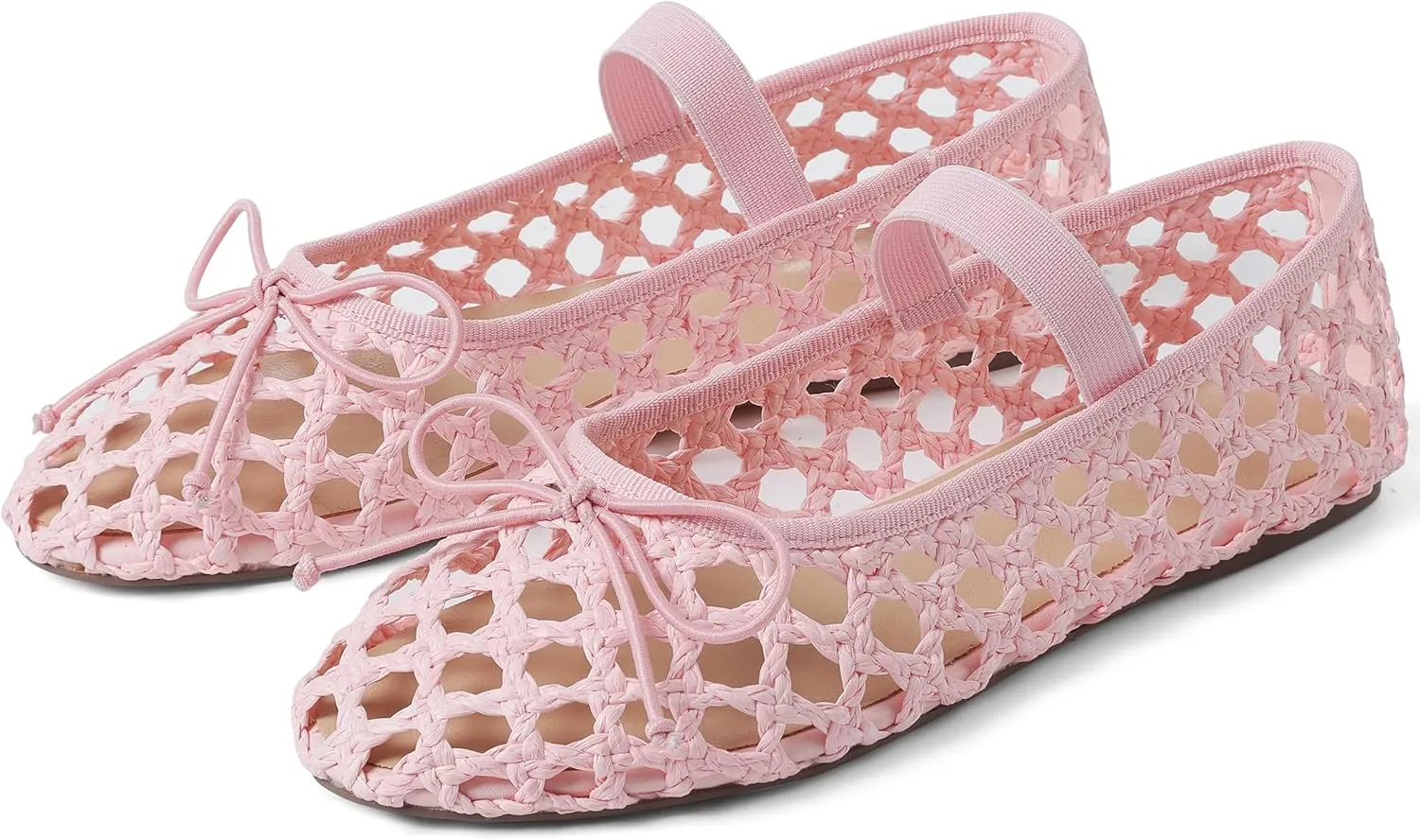 AMINUGAL Raffia Ballet Flats Shoes for Women Dressy Comfortable Woven Straw Women's Flats with Elastic Strap Mesh Flats Bows Raffia Mary Jane Flats Women Ballerina Flats for Women