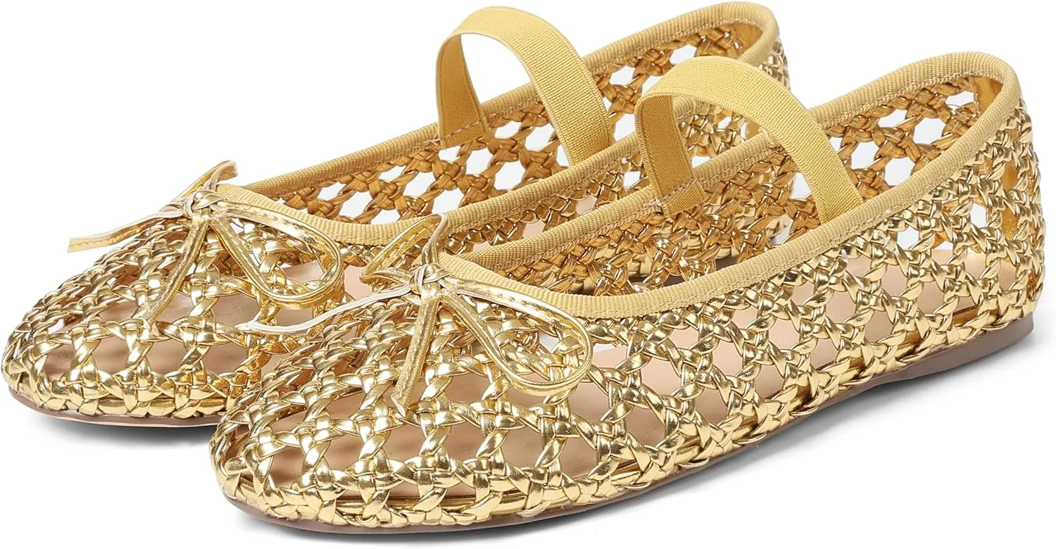 AMINUGAL Raffia Ballet Flats Shoes for Women Dressy Comfortable Woven Straw Women's Flats with Elastic Strap Mesh Flats Bows Raffia Mary Jane Flats Women Ballerina Flats for Women