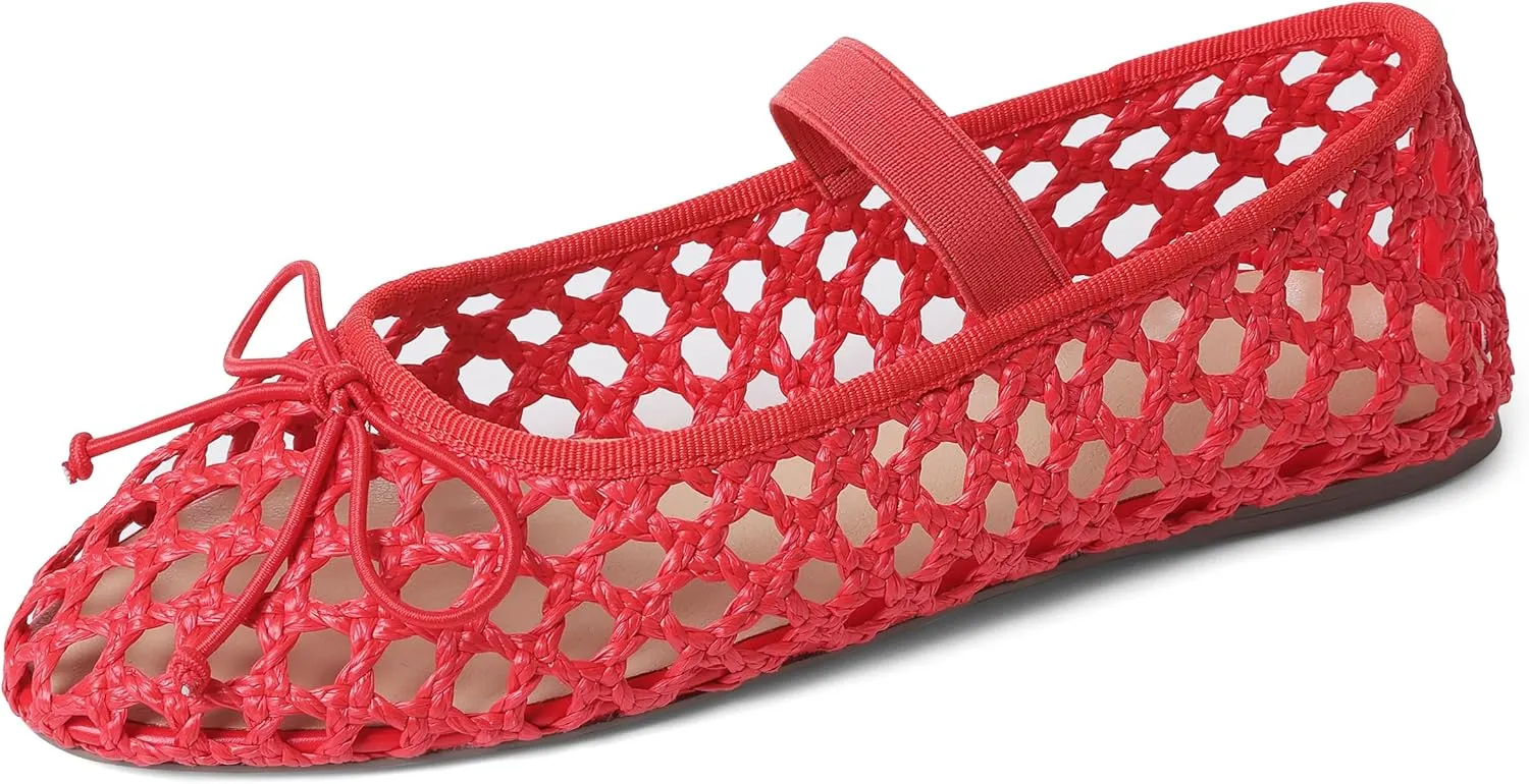 AMINUGAL Raffia Ballet Flats Shoes for Women Dressy Comfortable Woven Straw Women's Flats with Elastic Strap Mesh Flats Bows Raffia Mary Jane Flats Women Ballerina Flats for Women