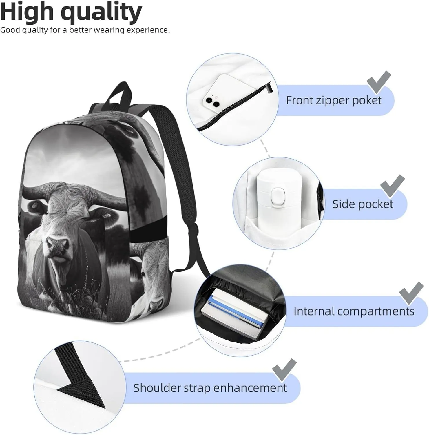 Animal Texas Longhorn Backpack with Adjustable Straps, Suitable for Travel Picnics Activities