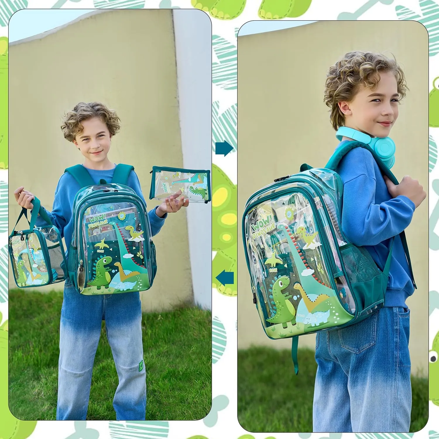 AO ALI VICTORY Clear Backpack for School,PVC Transparent Kids Bookbag for Girls Boys Cute Toddler Back Pack Kindergarten Elementary Schoolbag Stadium Approved See Through Backpacks,Green Dinosaur