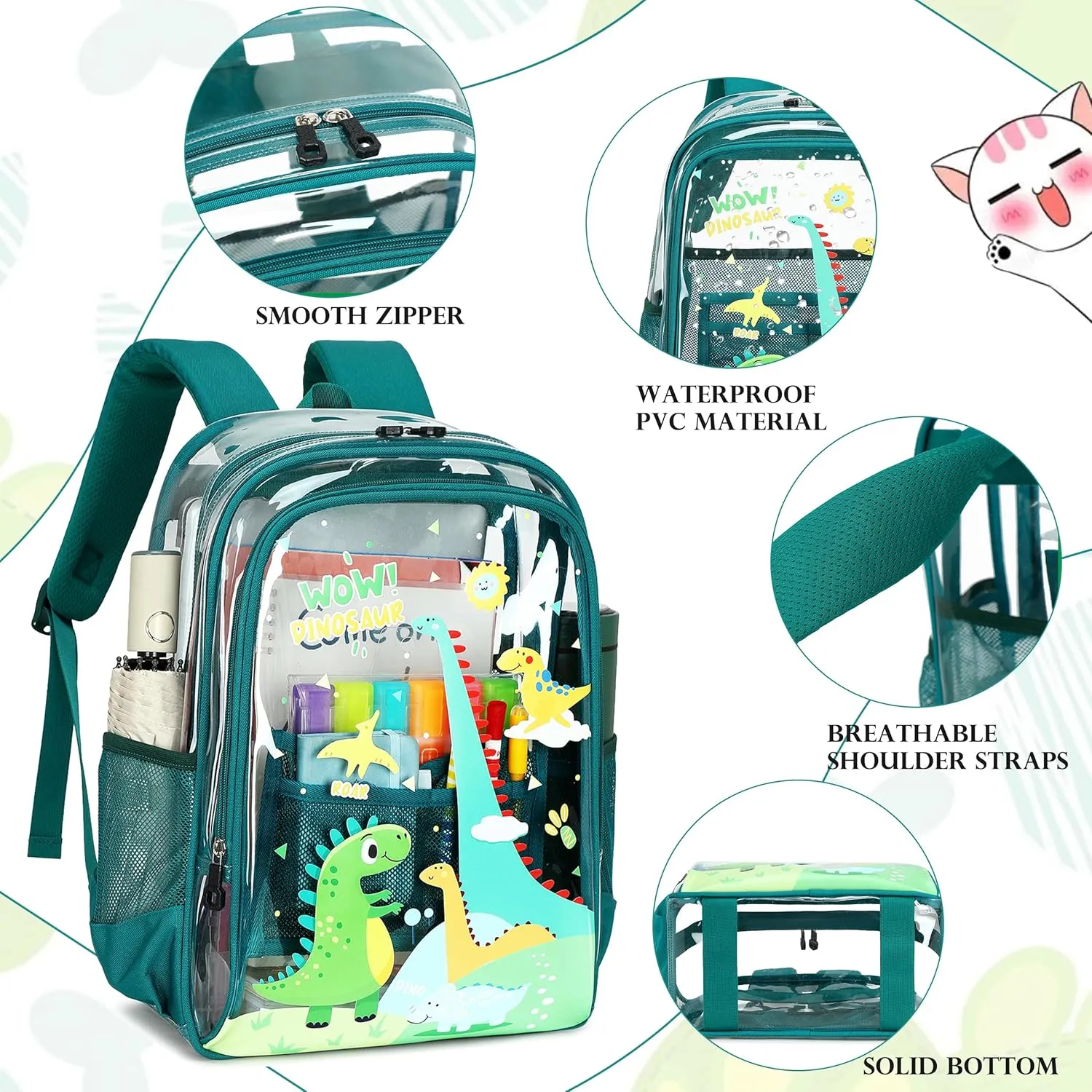 AO ALI VICTORY Clear Backpack for School,PVC Transparent Kids Bookbag for Girls Boys Cute Toddler Back Pack Kindergarten Elementary Schoolbag Stadium Approved See Through Backpacks,Green Dinosaur