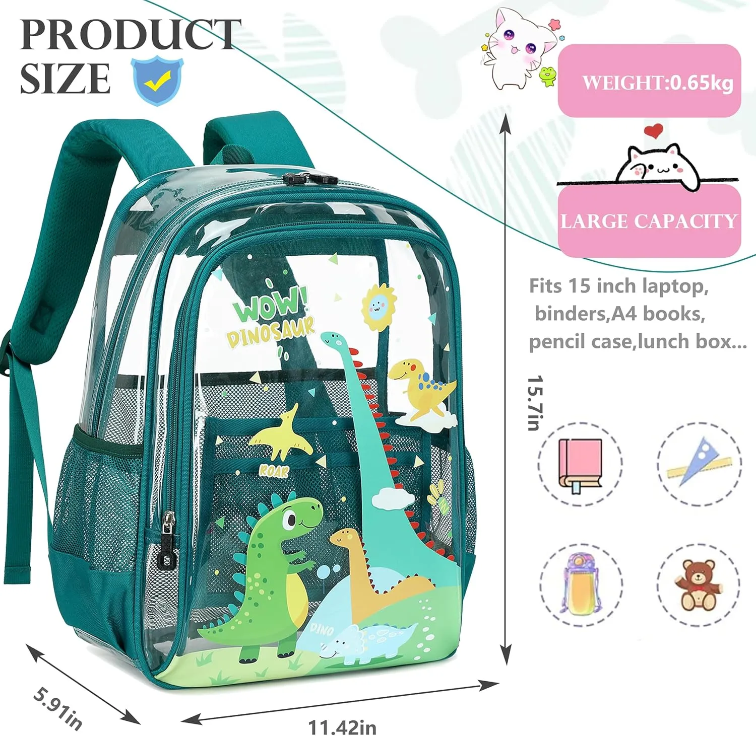 AO ALI VICTORY Clear Backpack for School,PVC Transparent Kids Bookbag for Girls Boys Cute Toddler Back Pack Kindergarten Elementary Schoolbag Stadium Approved See Through Backpacks,Green Dinosaur