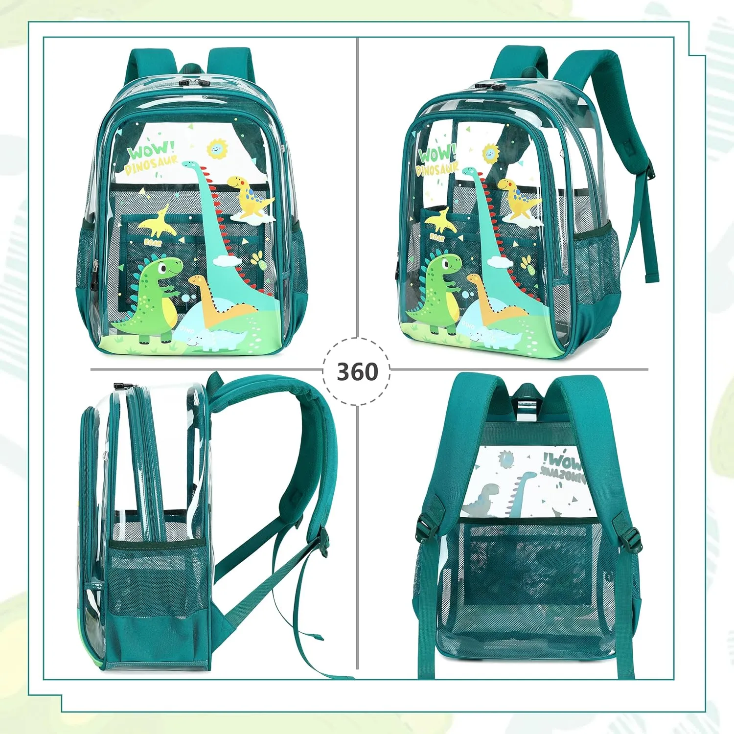 AO ALI VICTORY Clear Backpack for School,PVC Transparent Kids Bookbag for Girls Boys Cute Toddler Back Pack Kindergarten Elementary Schoolbag Stadium Approved See Through Backpacks,Green Dinosaur