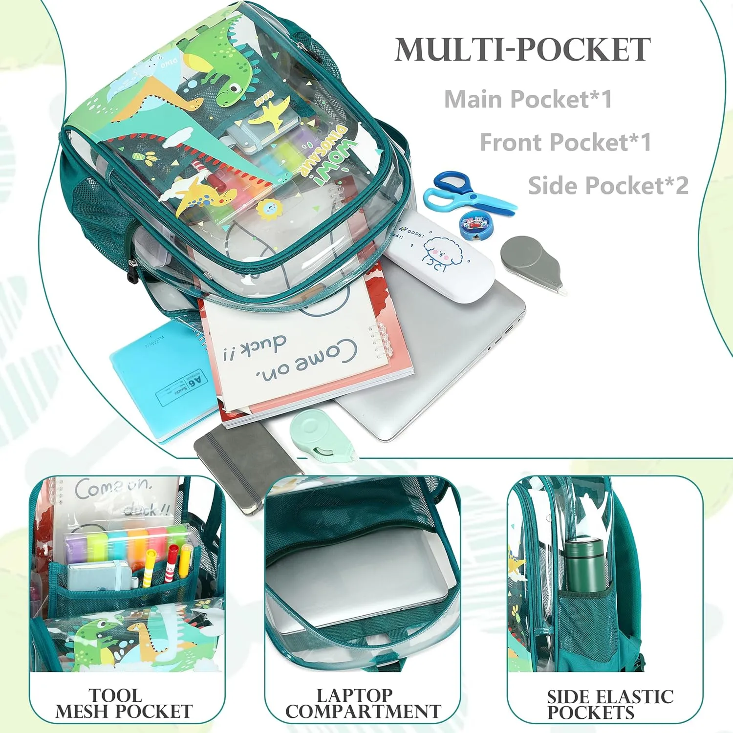 AO ALI VICTORY Clear Backpack for School,PVC Transparent Kids Bookbag for Girls Boys Cute Toddler Back Pack Kindergarten Elementary Schoolbag Stadium Approved See Through Backpacks,Green Dinosaur