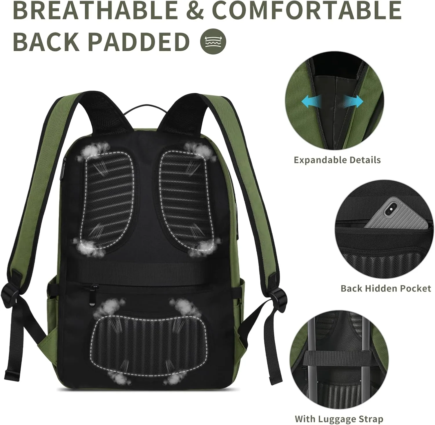 Army Green Backpack for Men, School Backpack for Men Boys, Water Resistant Backpacks with Anti Theft Back Hidden Pockets, College, Work, Business, Laptop Backpack for Teens