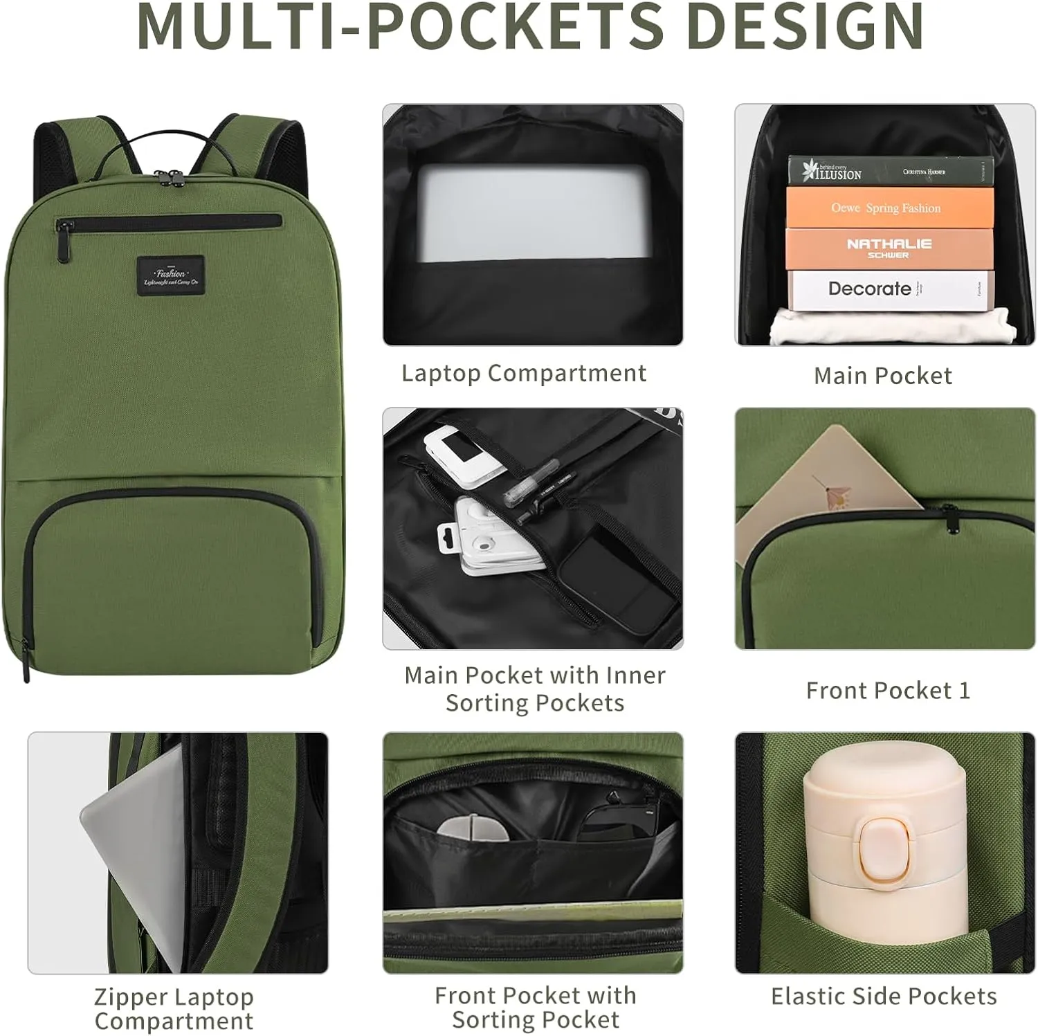 Army Green Backpack for Men, School Backpack for Men Boys, Water Resistant Backpacks with Anti Theft Back Hidden Pockets, College, Work, Business, Laptop Backpack for Teens