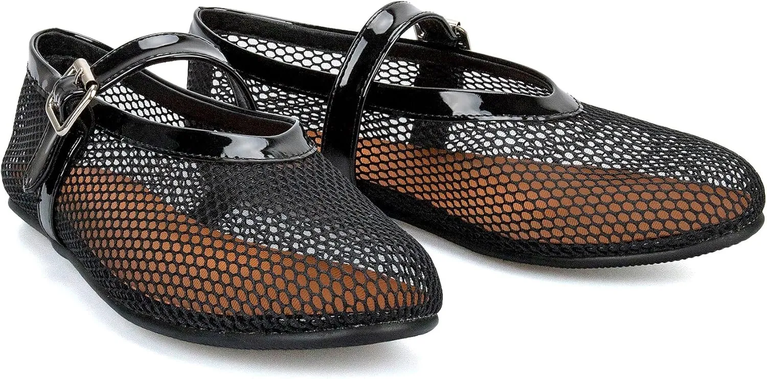 Arqa Women's Rhinestone Ballet Flats Sparkly Crystals Ballerina Shoes Buckled Straps Mesh Mary Jane Flat Casual Low Heels