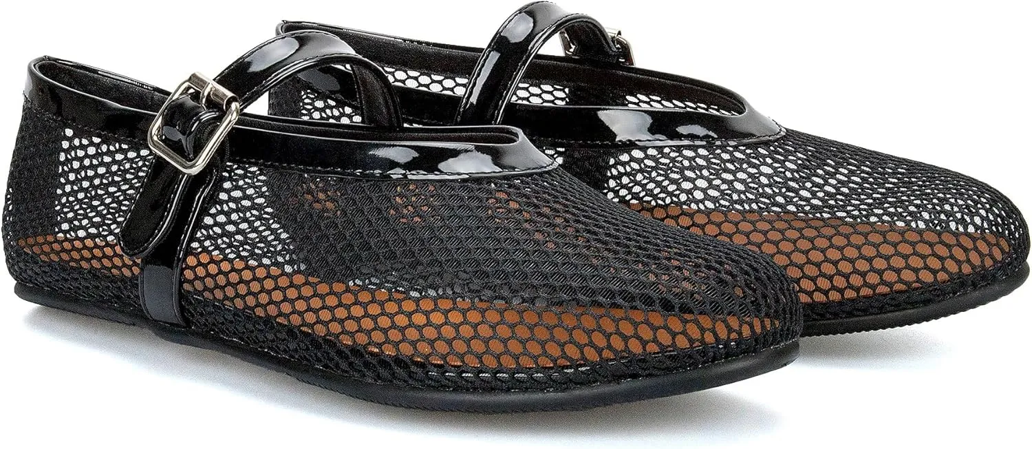 Arqa Women's Rhinestone Ballet Flats Sparkly Crystals Ballerina Shoes Buckled Straps Mesh Mary Jane Flat Casual Low Heels