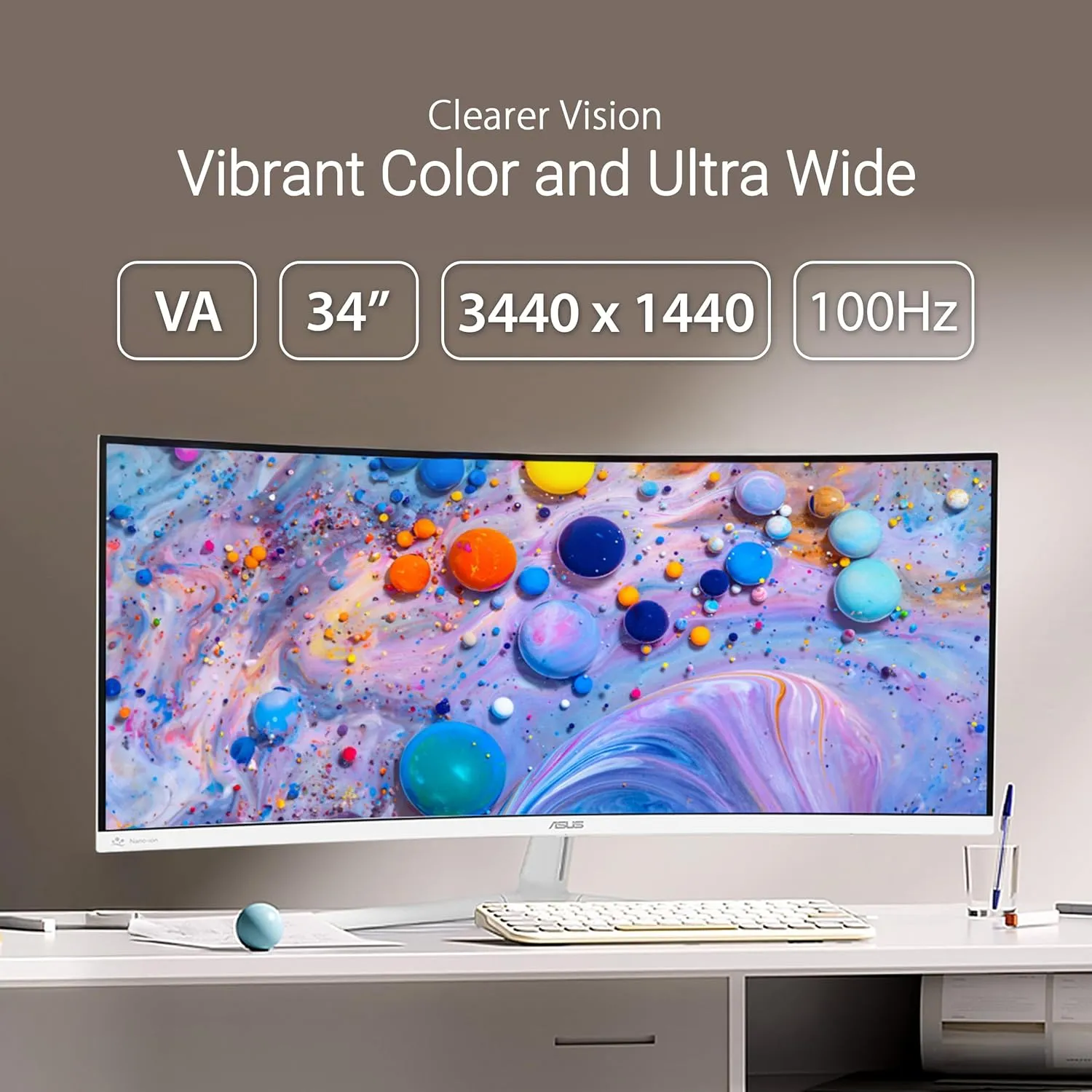 ASUS 34” Ultra-Wide Curved Eye Care Monitor (VU34WCIP-W) – WQHD (3440x1440), 1500R Curvature, Frameless, 100Hz, Nano-ion, SmoothMotion, Eye Care Plus, USB-C PD 65W, Speakers, 3 yr Warranty