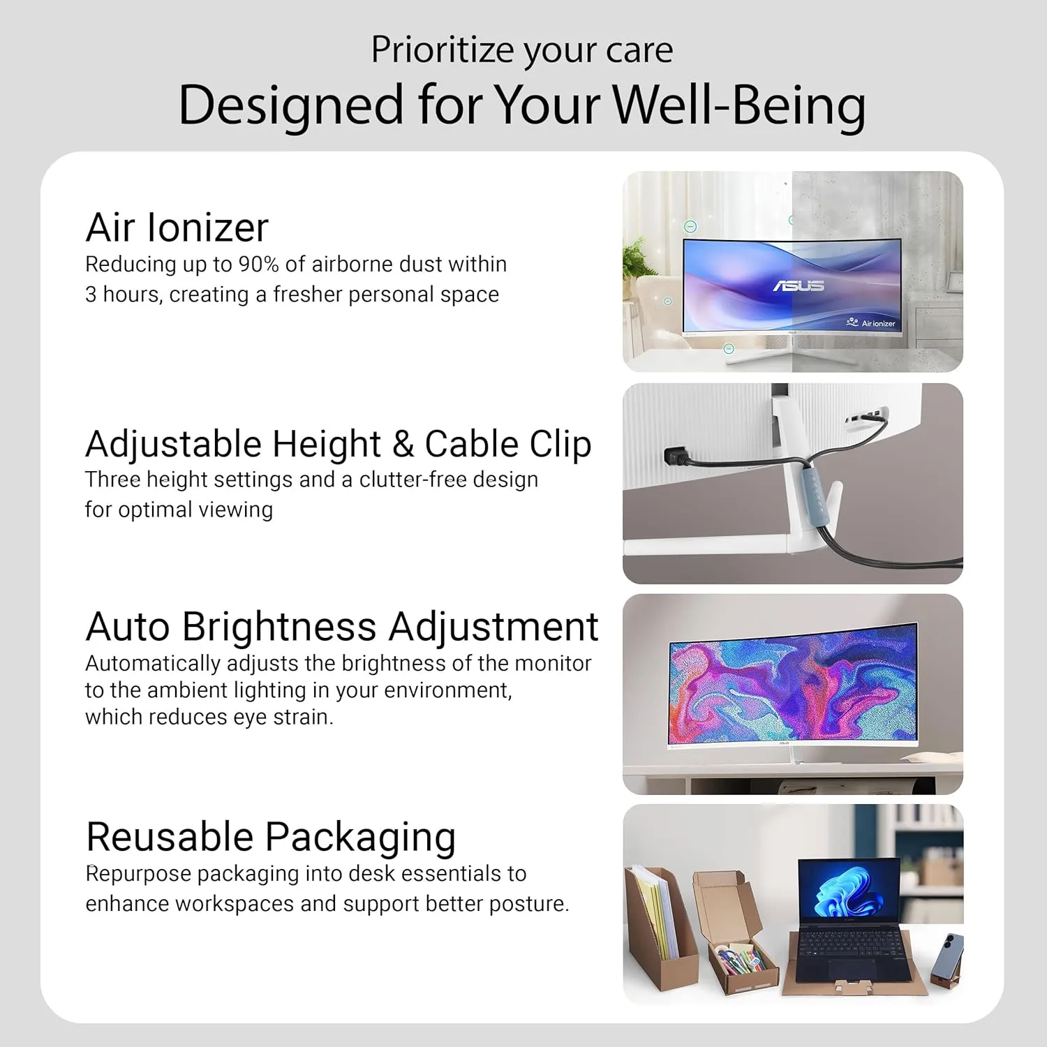 ASUS 34” Ultra-Wide Curved Eye Care Monitor (VU34WCIP-W) – WQHD (3440x1440), 1500R Curvature, Frameless, 100Hz, Nano-ion, SmoothMotion, Eye Care Plus, USB-C PD 65W, Speakers, 3 yr Warranty