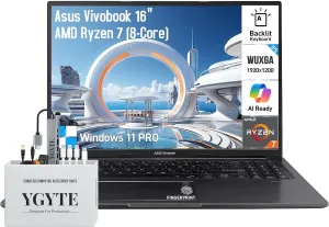 ASUS Vivobook 16 Laptop, 16 Inch WUXGA IPS Business Laptop Computer, AMD Ryzen 7 (8-Cores), 16GB RAM 1TB SSD 512GB Docking Set, Windows 11 Pro, Copilot AI, Backlit Keyboard 10-Key, Fingerprint