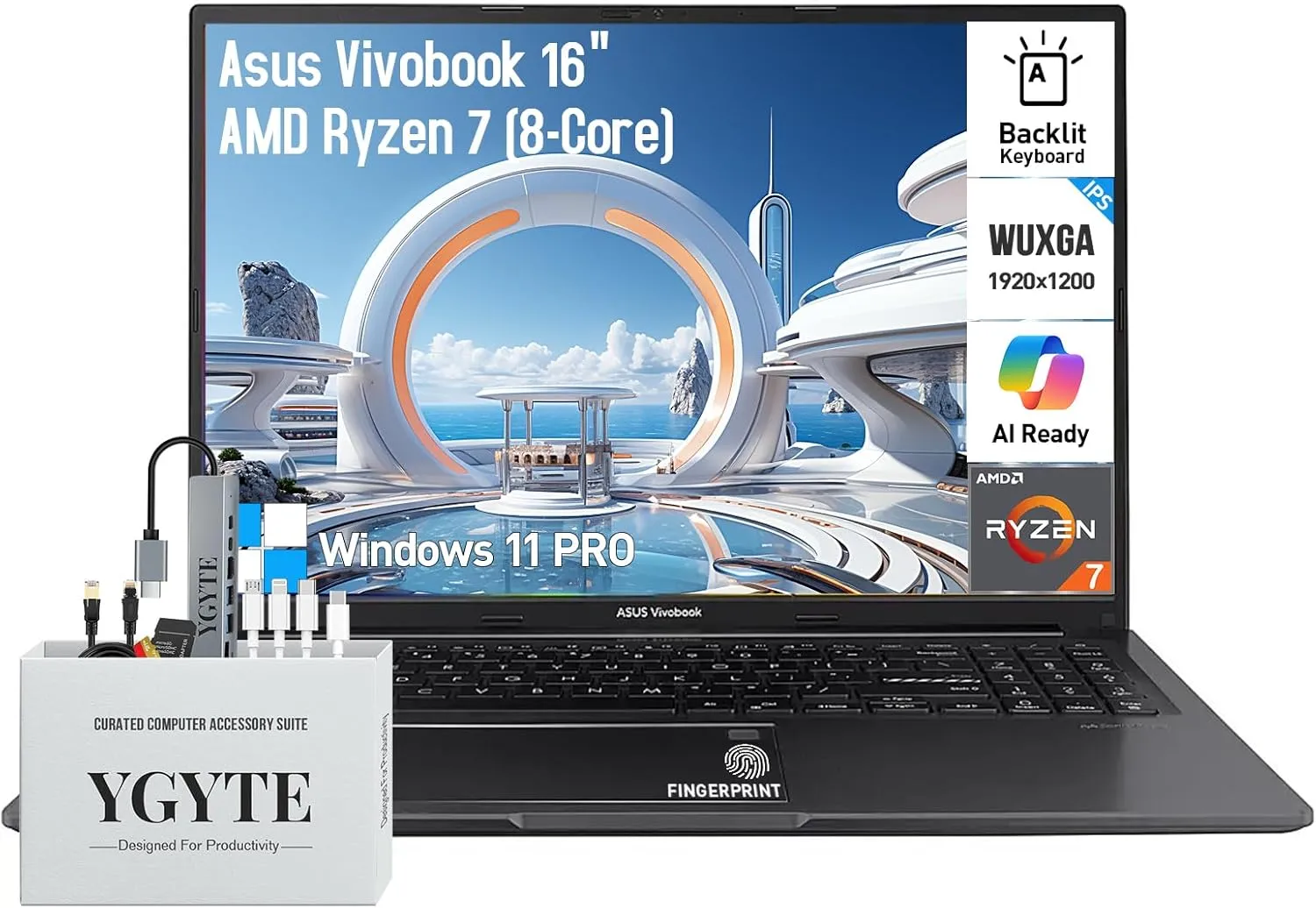 ASUS Vivobook 16 Laptop, 16 Inch WUXGA IPS Business Laptop Computer, AMD Ryzen 7 (8-Cores), 40GB RAM 2TB SSD 512GB Docking Set, Windows 11 Pro, Copilot AI, Backlit Keyboard 10-Key, Fingerprint