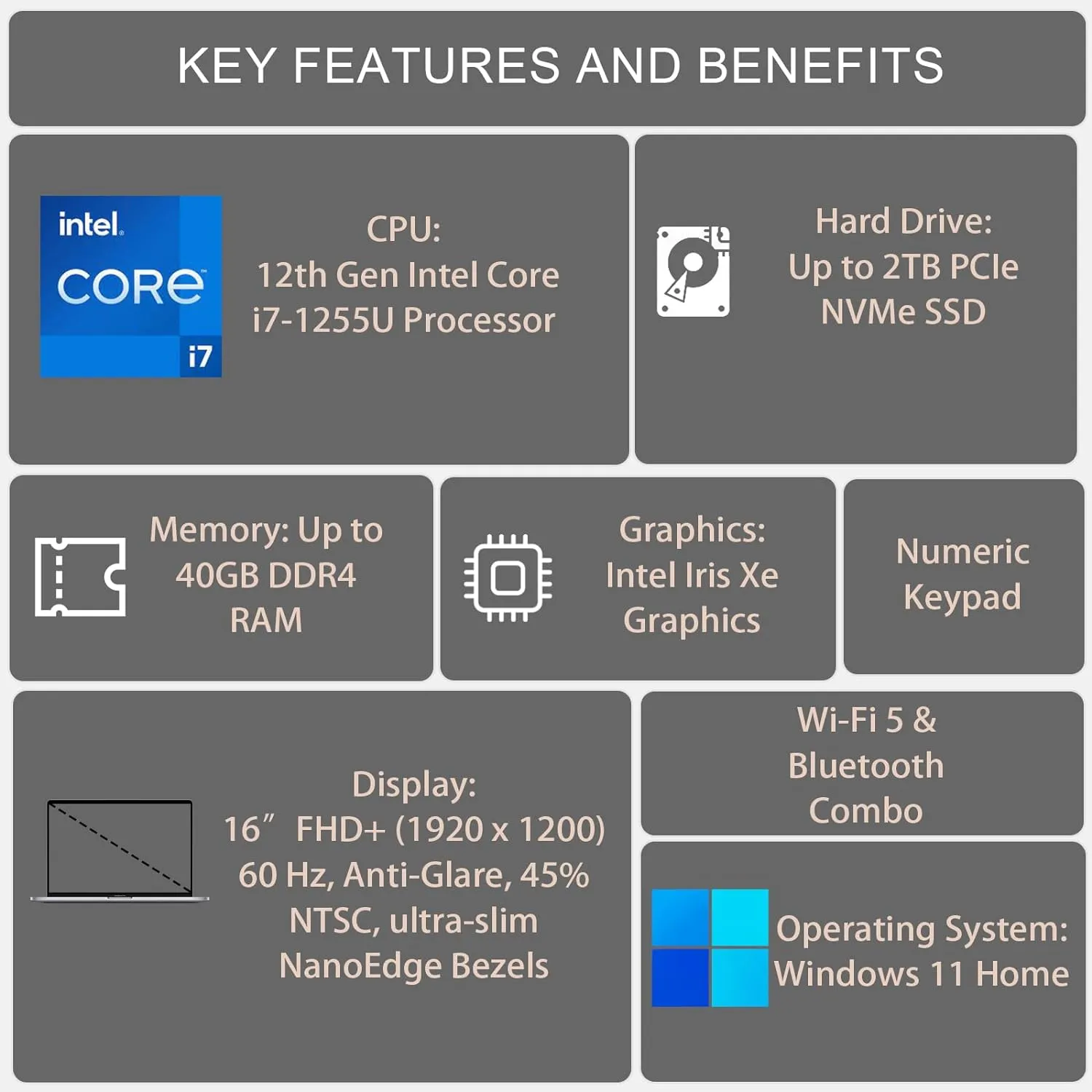 ASUS Vivobook Laptop, 16" FHD  (1920 x 1200) Display, Intel Core i7-1255U Processor, 16GB RAM, 1TB SSD, Webcam, HDMI, Wi-Fi, Windows 11 Home, Black