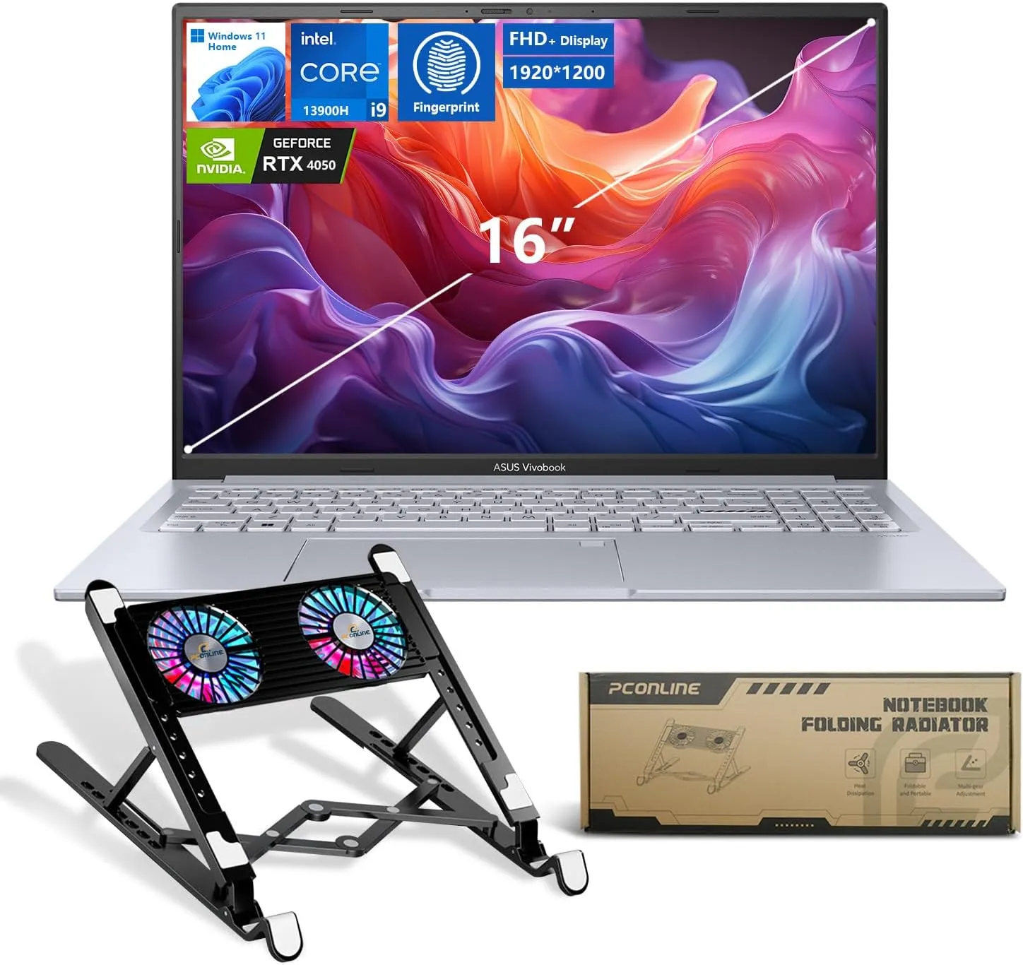 ASUS Vivobook Pro AI Copilot Business Laptop, 16" FHD , Intel Core i9-13900H, GeForce RTX 4050, 32GB RAM, 2TB SSD, Wi-Fi 6, Win 11 H, Silver, Bundle with PCO Notebook Folding Radiator, Laptop Cooler