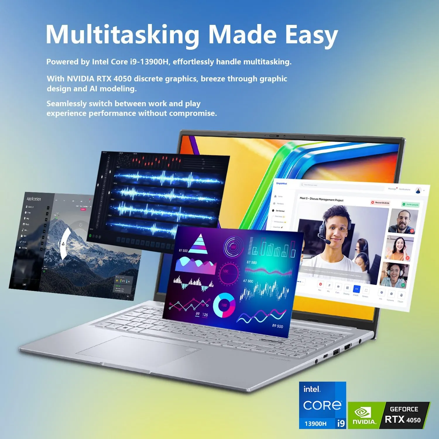 ASUS Vivobook Pro AI Copilot Business Laptop, 16" FHD , Intel Core i9-13900H, GeForce RTX 4050, 32GB RAM, 2TB SSD, Wi-Fi 6, Win 11 H, Silver, Bundle with PCO Notebook Folding Radiator, Laptop Cooler