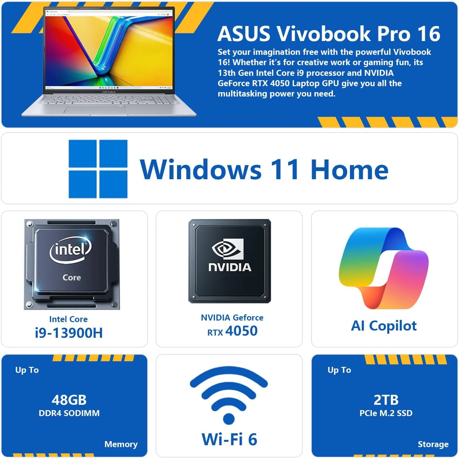 ASUS Vivobook Pro AI Copilot Business Laptop, 16" FHD , Intel Core i9-13900H, GeForce RTX 4050, 32GB RAM, 2TB SSD, Wi-Fi 6, Win 11 H, Silver, Bundle with PCO Notebook Folding Radiator, Laptop Cooler