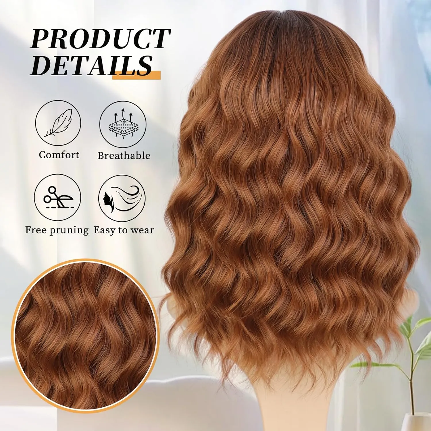 Auburn Wigs for Women Bob Wig with Bangs Short Curly Synthetic Shoulder Length Hair Wavy Natural Looking for Party Daily Use