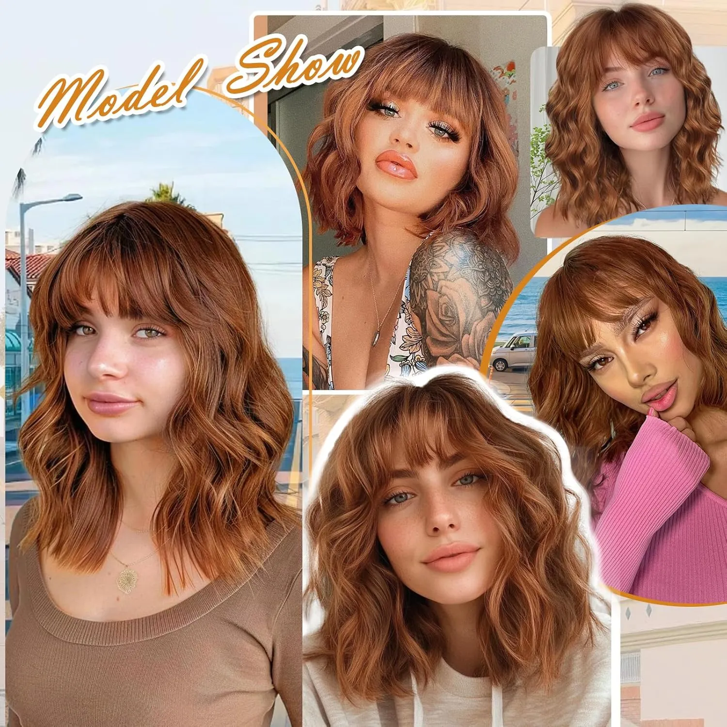 Auburn Wigs for Women Bob Wig with Bangs Short Curly Synthetic Shoulder Length Hair Wavy Natural Looking for Party Daily Use