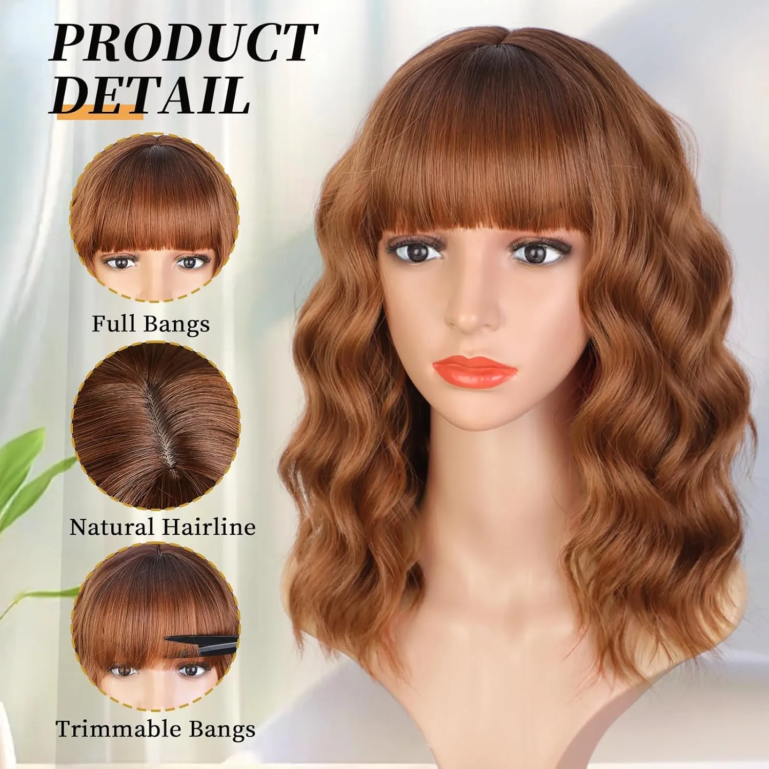 Auburn Wigs for Women Bob Wig with Bangs Short Curly Synthetic Shoulder Length Hair Wavy Natural Looking for Party Daily Use