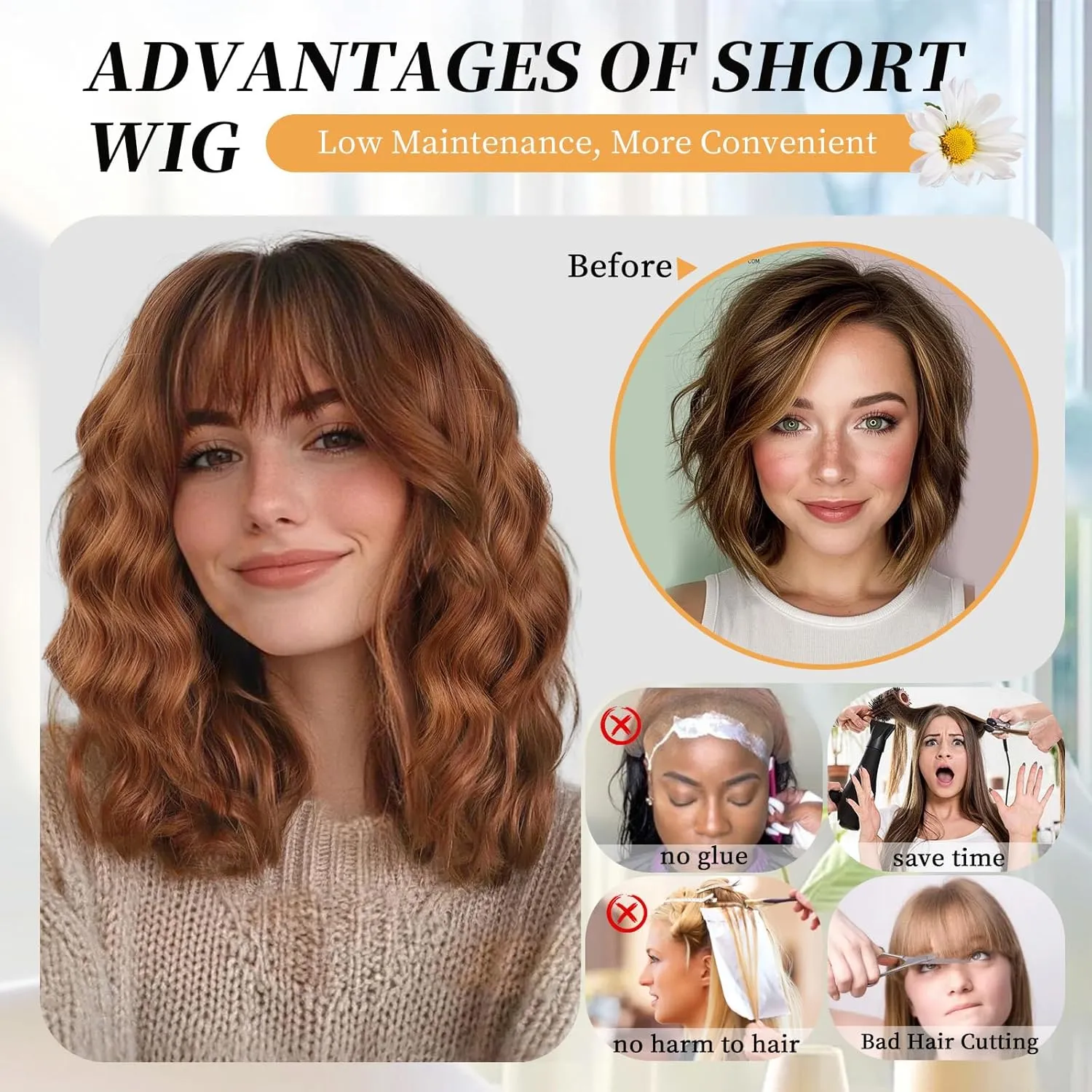 Auburn Wigs for Women Bob Wig with Bangs Short Curly Synthetic Shoulder Length Hair Wavy Natural Looking for Party Daily Use