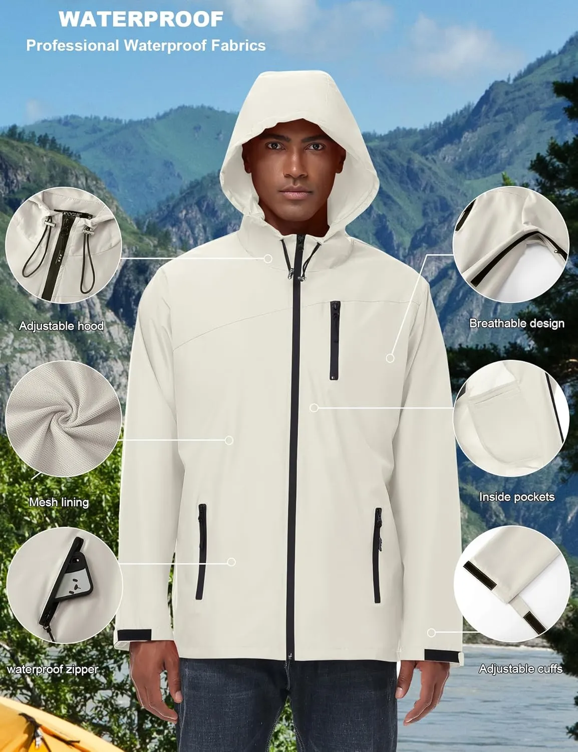 Avoogue Mens Waterproof Lightweight Rain Jacket Breathable Active Outdoor Hooded Raincoat Casual Trendy Jackets Work Jacket