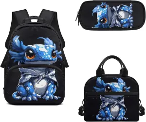 Axolotl Print Backpack Set for Boys 3pcs Schoolbag with Insulated Lunch Box Kids Laptop Bookbag with Adjustable Padded Shoulder Straps for Teens & Primary