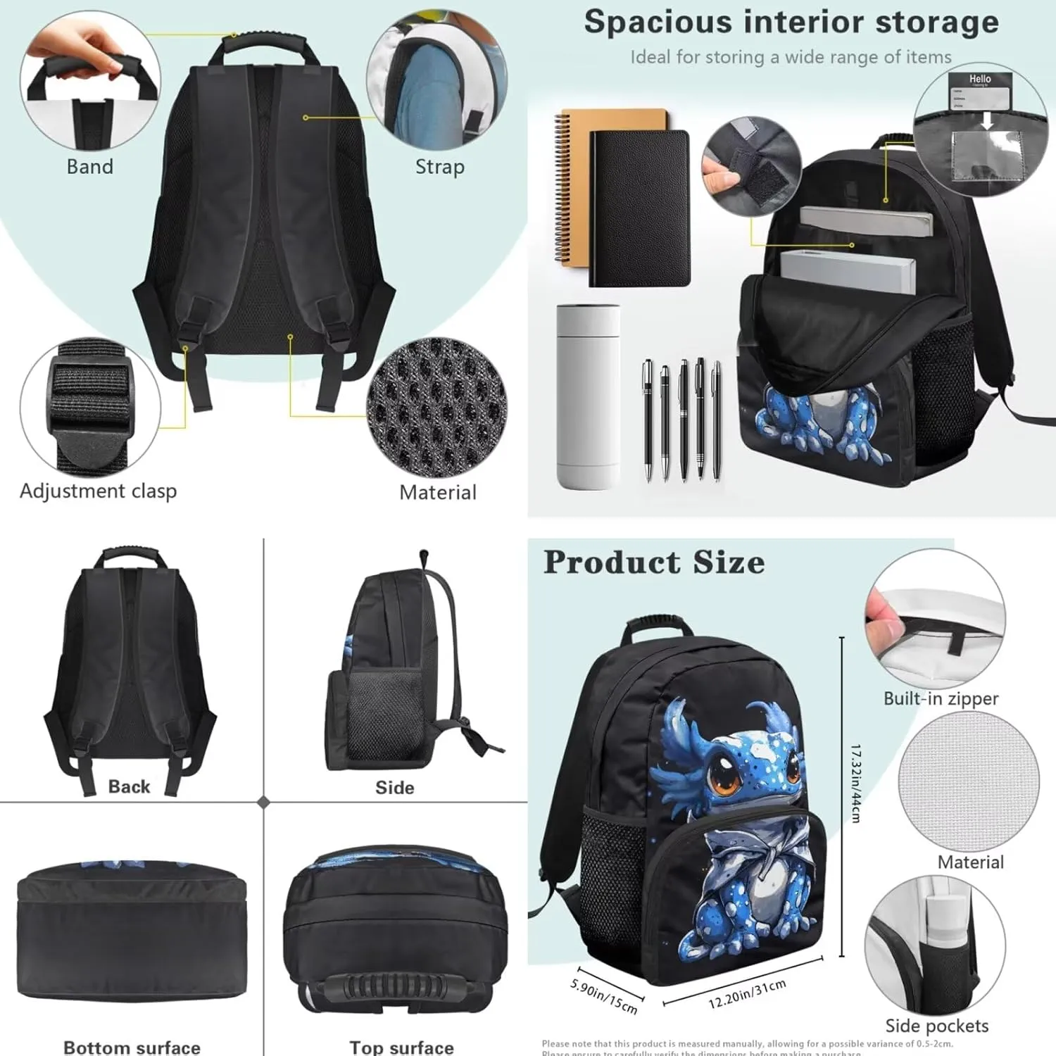 Axolotl Print Backpack Set for Boys 3pcs Schoolbag with Insulated Lunch Box Kids Laptop Bookbag with Adjustable Padded Shoulder Straps for Teens & Primary