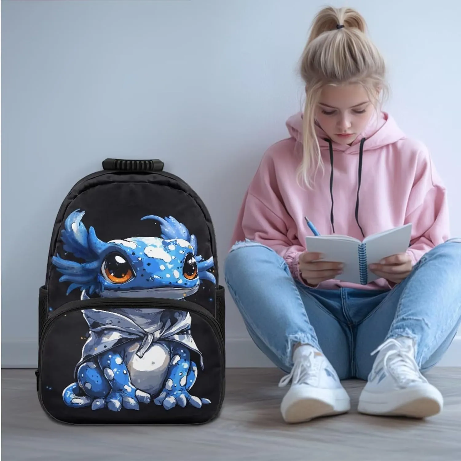 Axolotl Print Backpack Set for Boys 3pcs Schoolbag with Insulated Lunch Box Kids Laptop Bookbag with Adjustable Padded Shoulder Straps for Teens & Primary