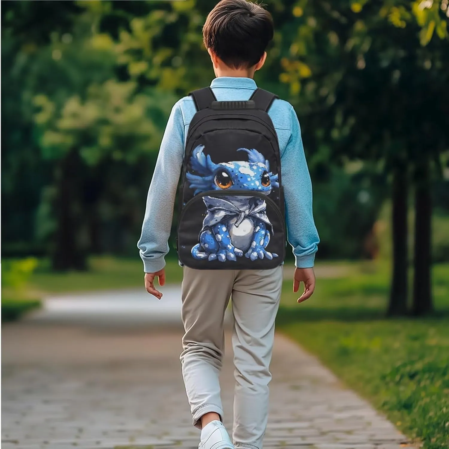Axolotl Print Backpack Set for Boys 3pcs Schoolbag with Insulated Lunch Box Kids Laptop Bookbag with Adjustable Padded Shoulder Straps for Teens & Primary