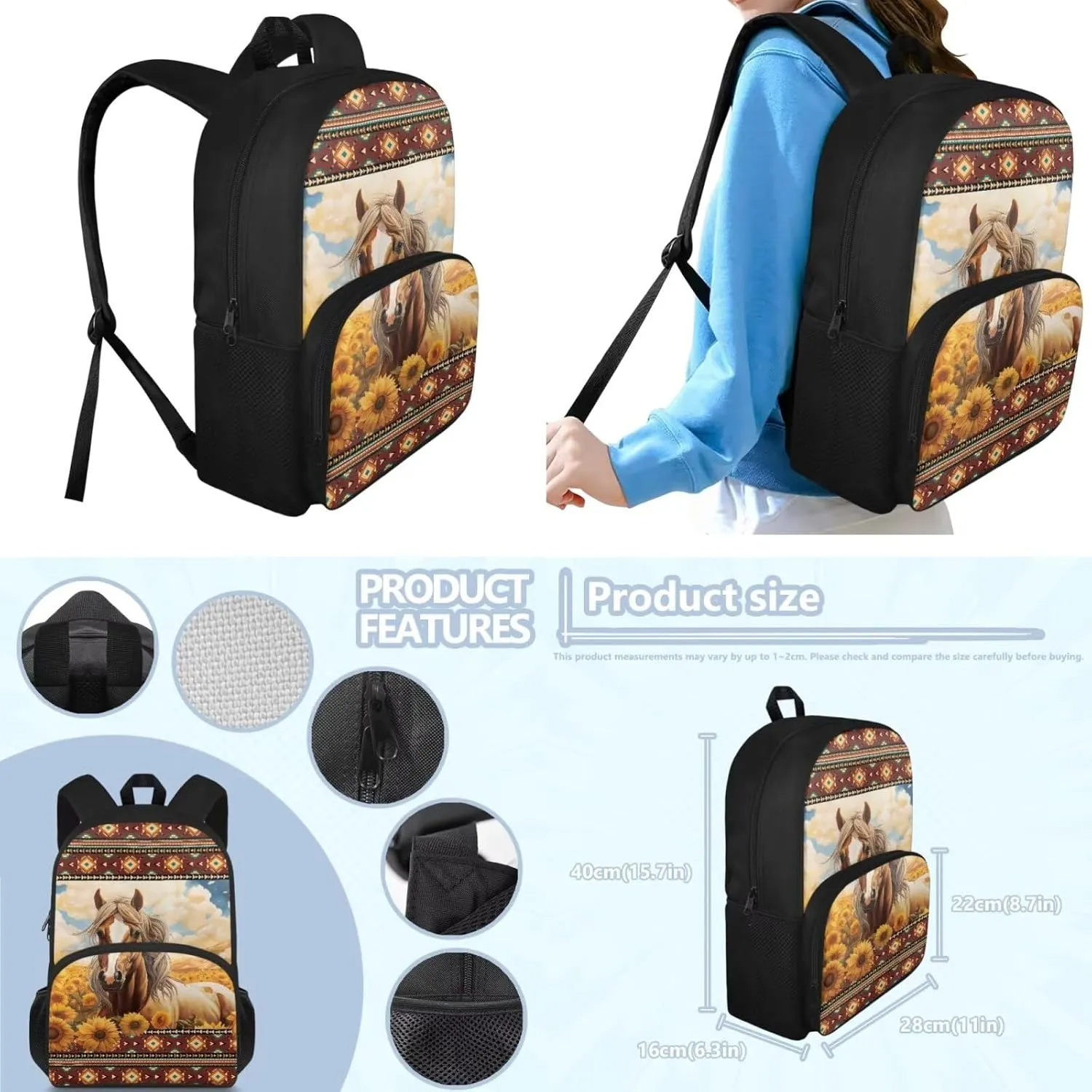 Aztec Horse Girls Backpacks School Bags with Lunch Box Carrying Handles Sunflower Student Bookbag for Boys Enough for Your Daily Use Ideal Birthday, School Season Gifts