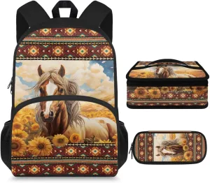 Aztec Horse Girls Backpacks School Bags with Lunch Box Carrying Handles Sunflower Student Bookbag for Boys Enough for Your Daily Use Ideal Birthday, School Season Gifts